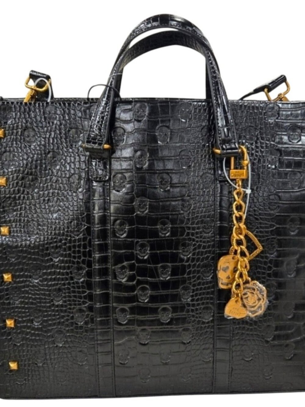 Betsey Johnson Large Skull Embossed Croc XOMATTIE Tote Bag Black New with Tag